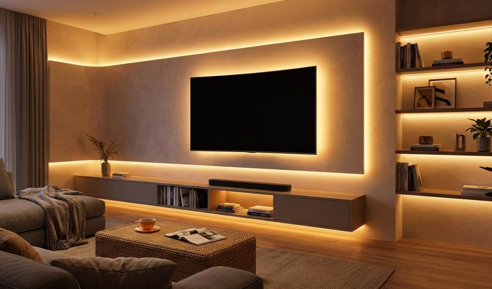 AI generated image showing glowing LED strip around modern TV Unit