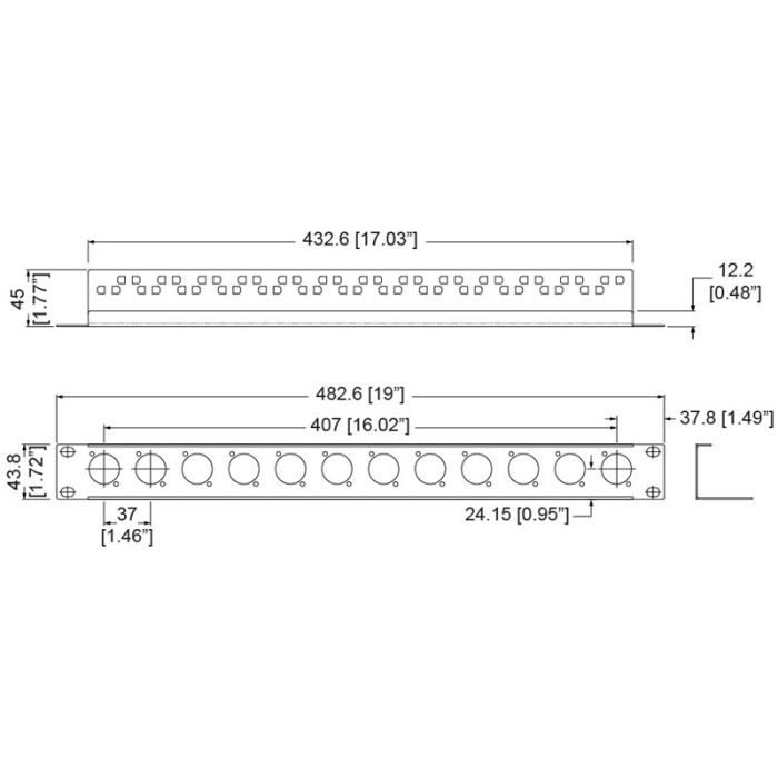 Whirlwind PR-1-12ND - Rack Panel - 1 RU, punched for 12 Neutrik D  connectors