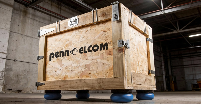 Houten krat in magazijn met Penn Elcom-logo op de voorkant en blauwe palletkussens.