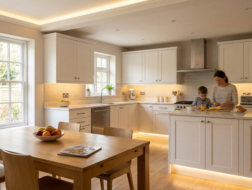 Moderne keuken met subtiele led-lichtstrips, gegenereerd met AI.