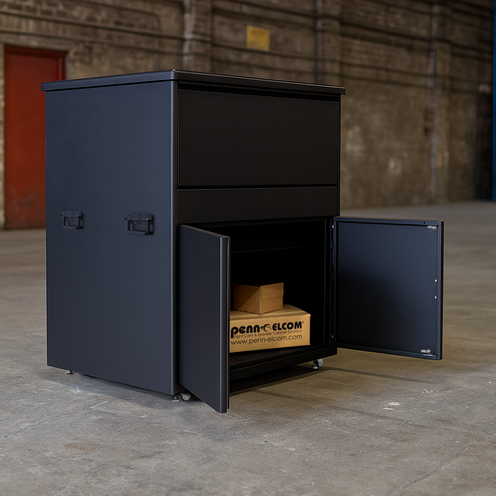 Extra large PBXL parcel box with front double access doors open in industrial warehouse facility 