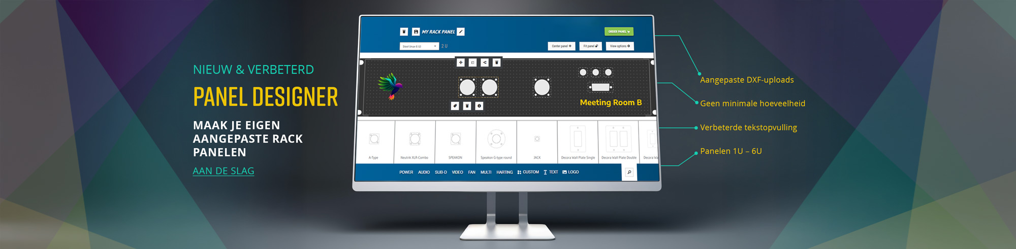 Banner van Panel Designer met computerscherm en tekst die de belangrijkste functies in geel weergeeft.