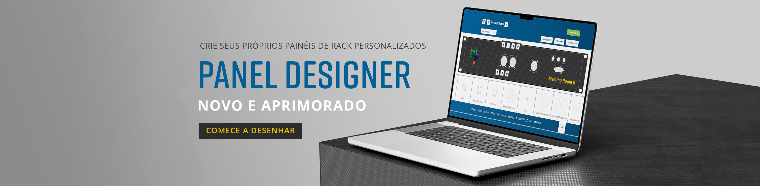 O designer de pain&eacute;is na tela do computador exibe um design de painel personalizado com mensagens novas e aprimoradas e um bot&atilde;o para iniciar o design.