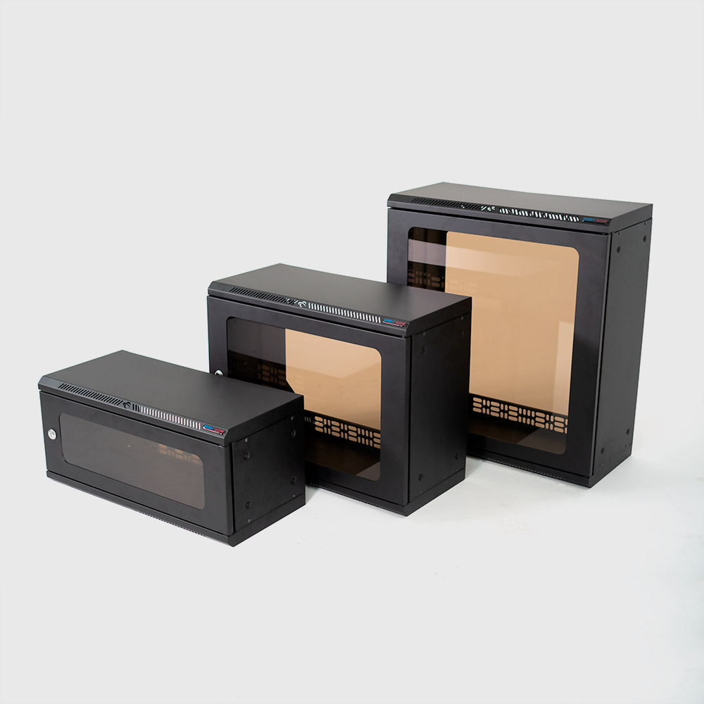 group of different U size R6225/R6325 wall racks on grey background