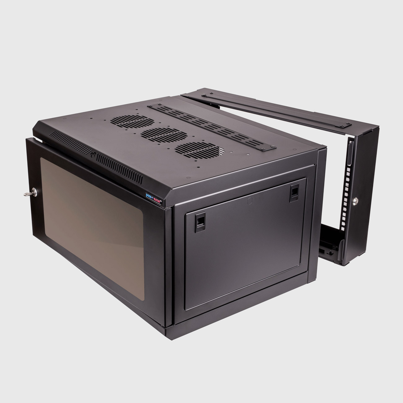 R6400 RHF rack with hinged frame slightly open on grey background