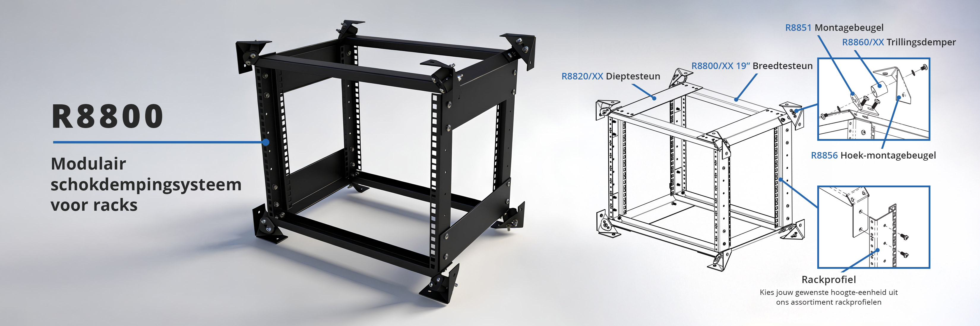 R8800 rack met technische tekening en componenten op een grijze achtergrond