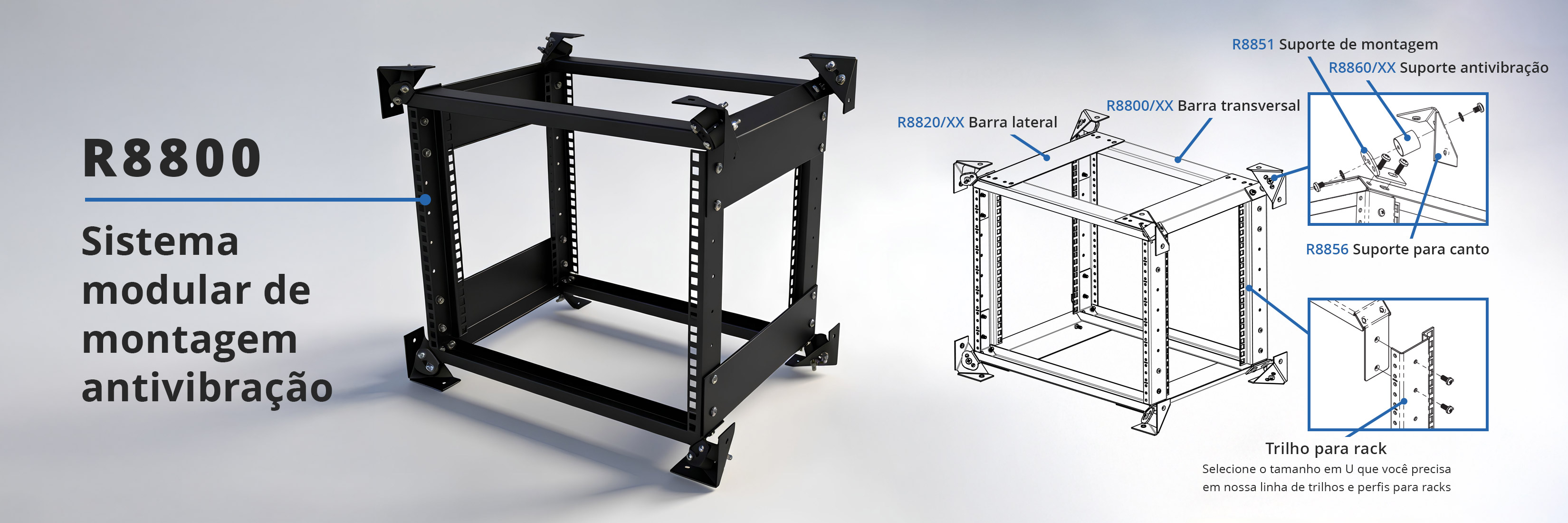 Rack R8800 com desenho técnico e componentes em fundo cinza
