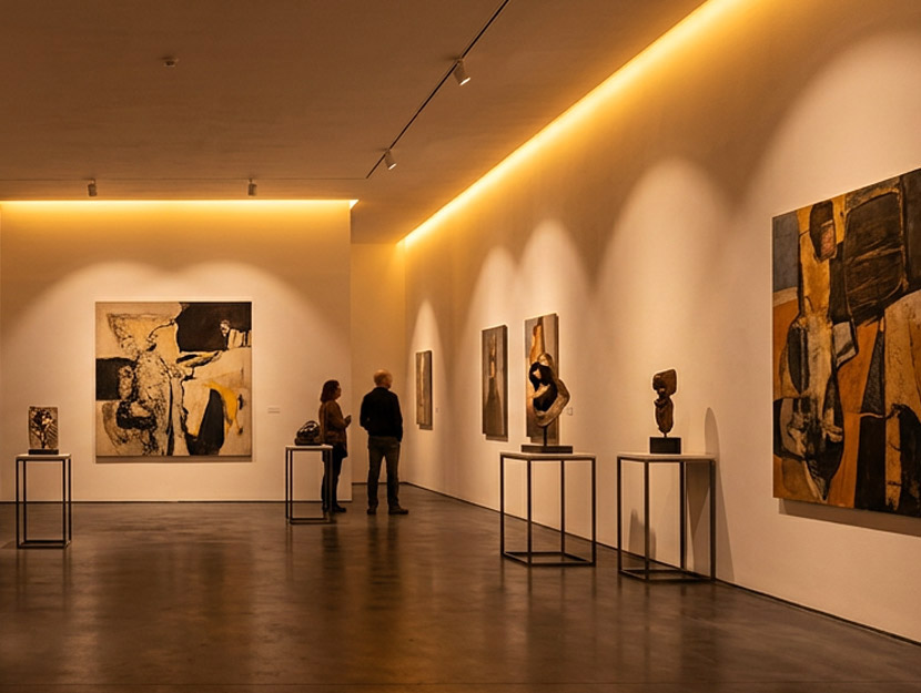 Kunstgalerie met warme ledverlichting, gegenereerd met behulp van AI